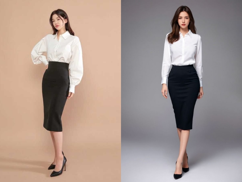 chân váy dài đen bút chì phối cùng với áo sơ mi trắng