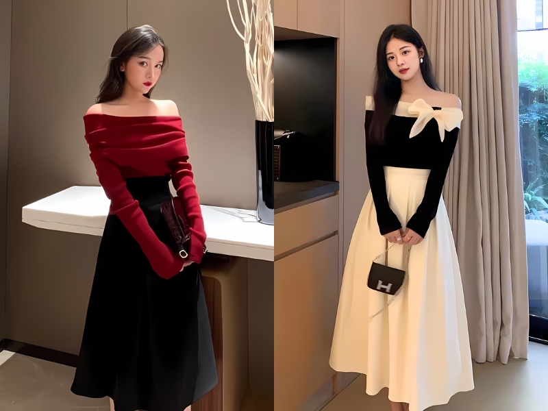 phối đồ đi sinh nhật đơn giản cho nữ với combo chân váy midi + áo trễ vai
