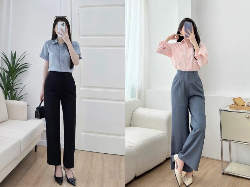 Áo sơ mi phối cùng quần tây ống suông sang trọng