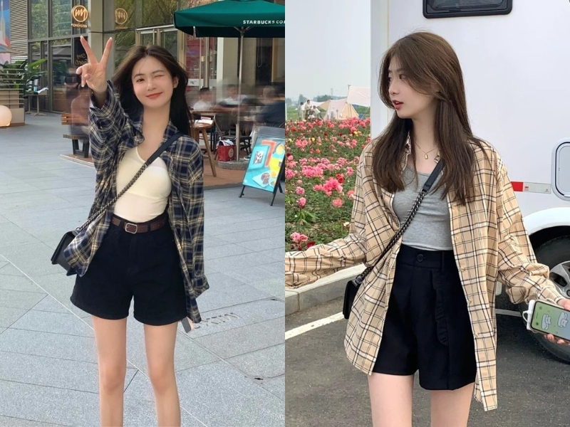 Layer áo sơ mi form rộng vối áo croptop