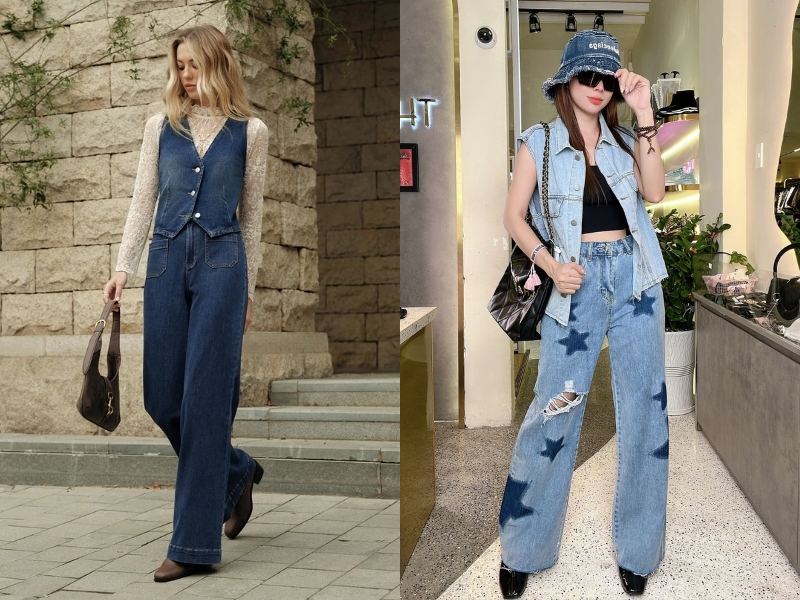 quần jean phối cùng áo vest jean
