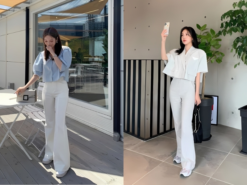 Áo sơ mi dáng trơn phối với quần ống loe