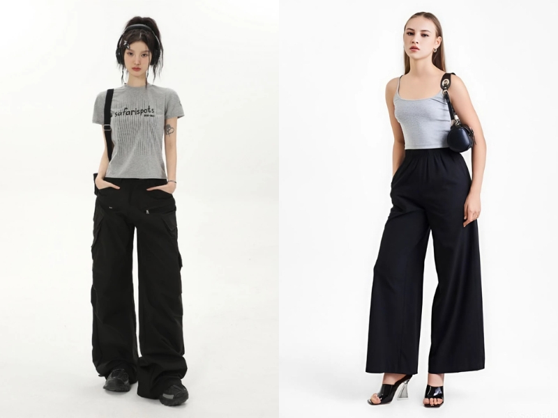 áo màu xám phối cùng quần màu đen ống rộng