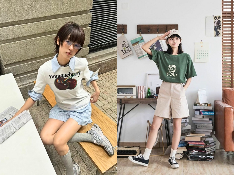 Áo thun oversize phối với quần short cho nữ tóc ngắn