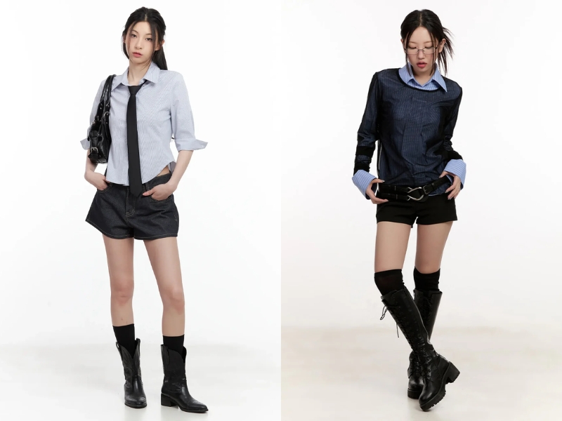 phối áo sơ mi với quần short theo nhiều kiểu cách