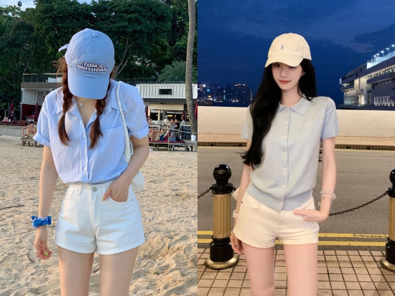 Áo sơ mi phối cùng quần short trắng