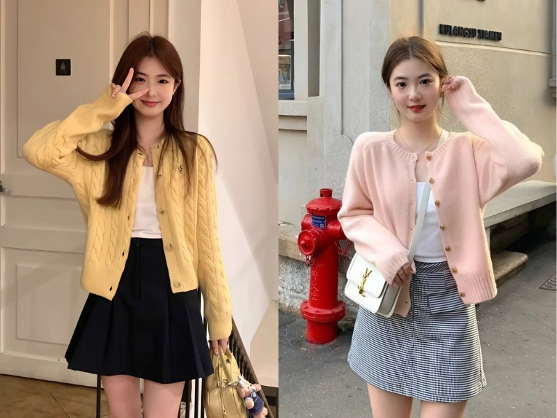 phối áo len cardigan bánh bèo khi kết hợp cùng chân váy ngắn dễ thương
