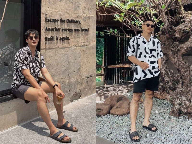 Áo sơ mi hoa và quần đùi nam