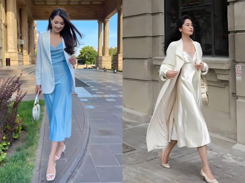Phối đầm midi dáng dài với áo blazer sang trọng