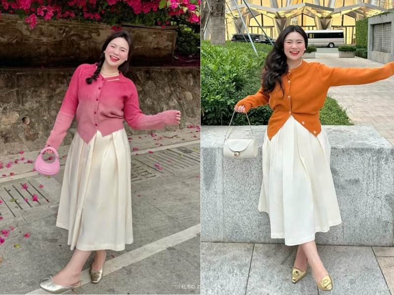 Phối áo tay dài và chân váy dài cho nữ chubby