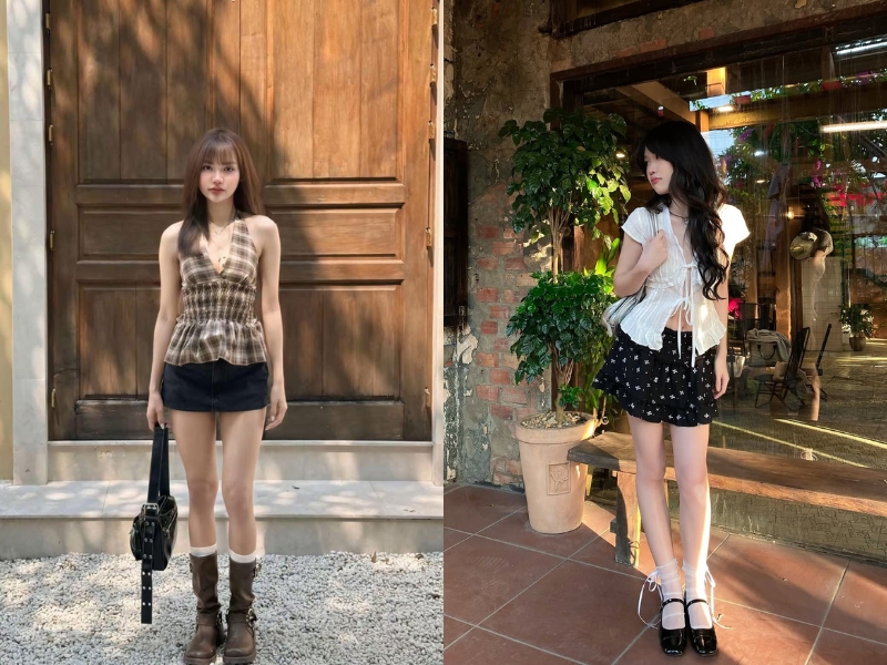 phối đồ đẹp cho nữ đi chơi với chân váy đen cùng áo kiểu