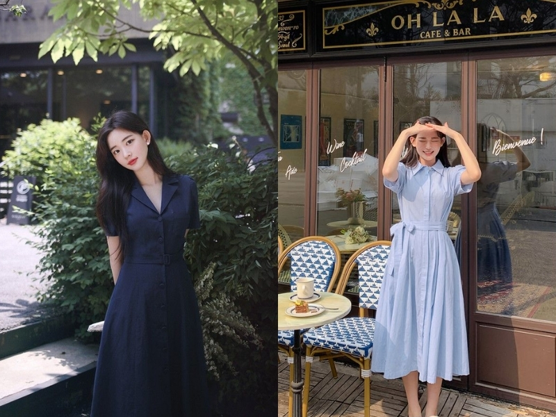 Đầm liền cổ sơ mi phối đồ theo phong cách vintage