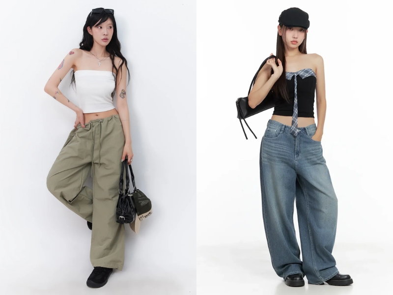 phối áo cúp ngực và quần ống rộng
