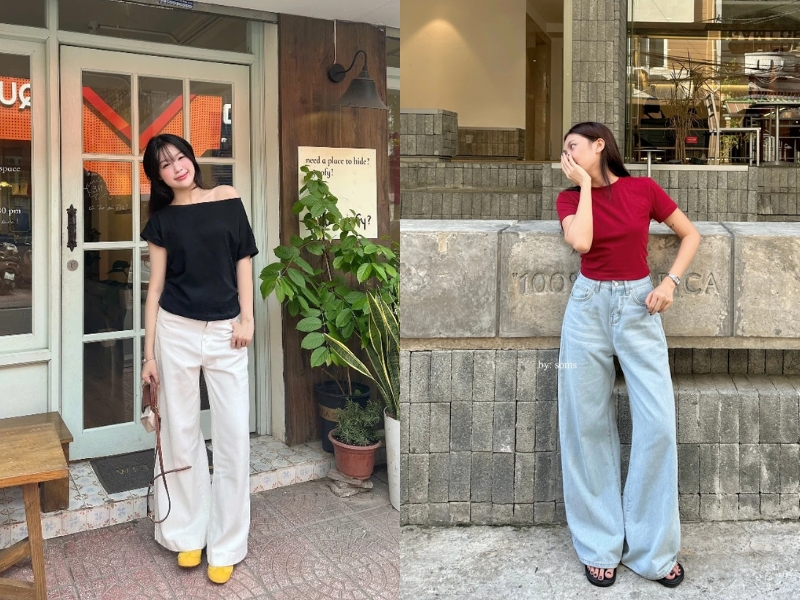 Phối đồ cho học sinh cấp 2 với quần jean ống rộng cùng áo thun màu đen, màu đỏ