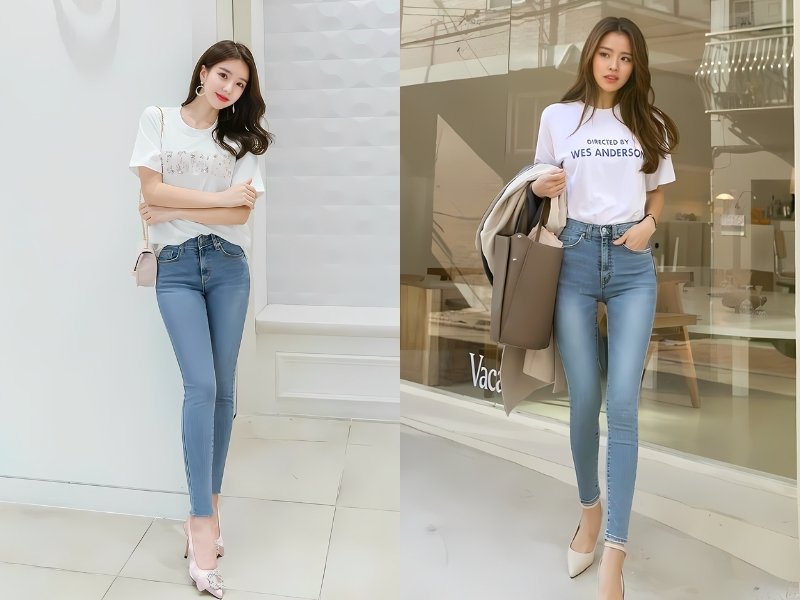 Cách phối đồ với quần jean ôm nữ và áo thun năng động