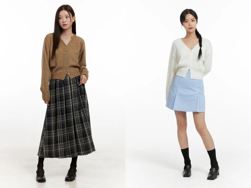 Cách phối đồ với áo cardigan và chân váy