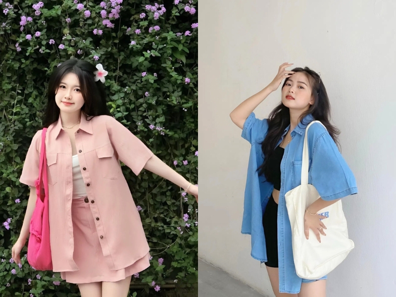 Áo sơ mi khoác ngoài nữ tay ngắn phối năng động với chân váy ngắn