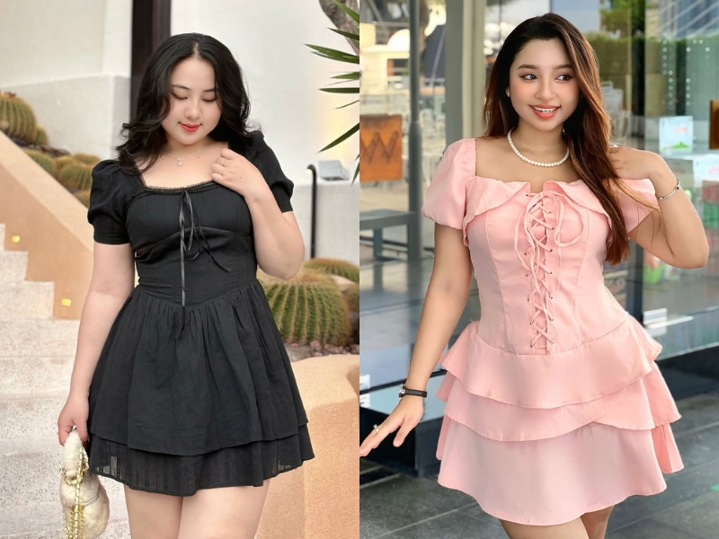 đầm cổ vuông là set đồ đi đám cưới cho nữ mập tôn dáng