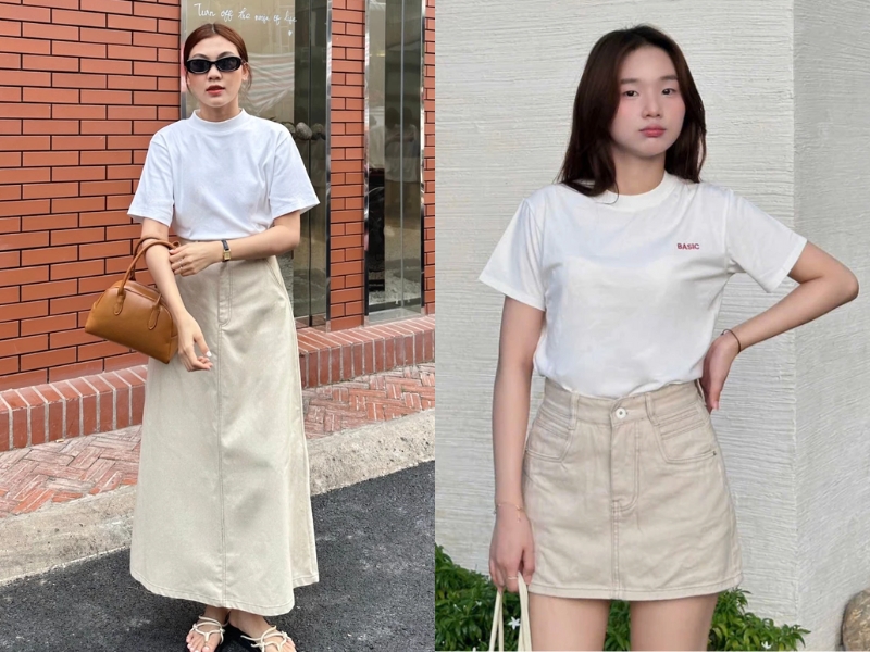 cách phối đồ với chân váy màu be và áo thun