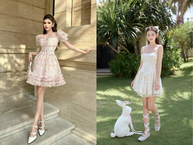 Váy hoa chiết eo dễ thương cho người dáng hình chữ nhật