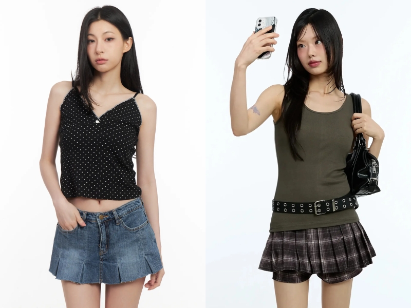 phối chân váy xếp ly ngắn với áo tanktop