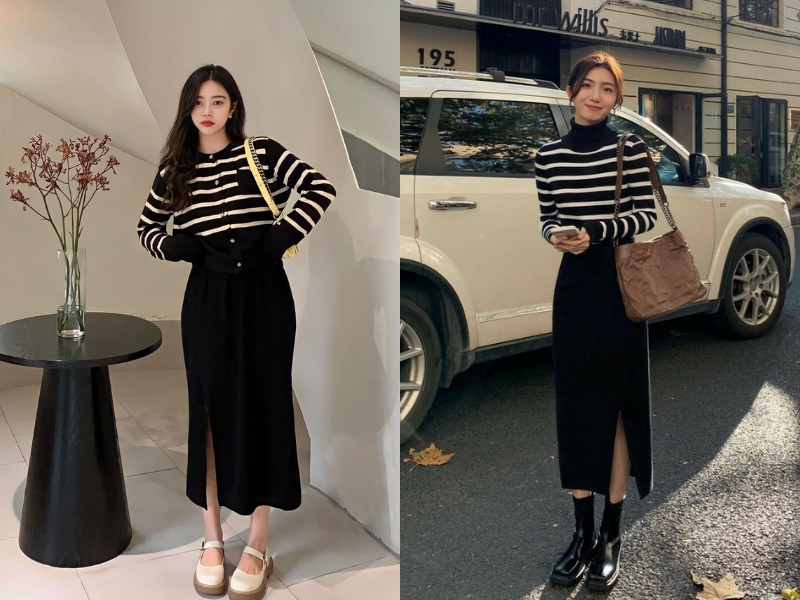 Chân váy dài kết hợp cùng áo len