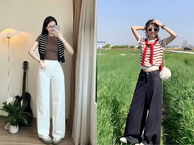 phối quần jean ống rộng với áo thun có len choàng cổ