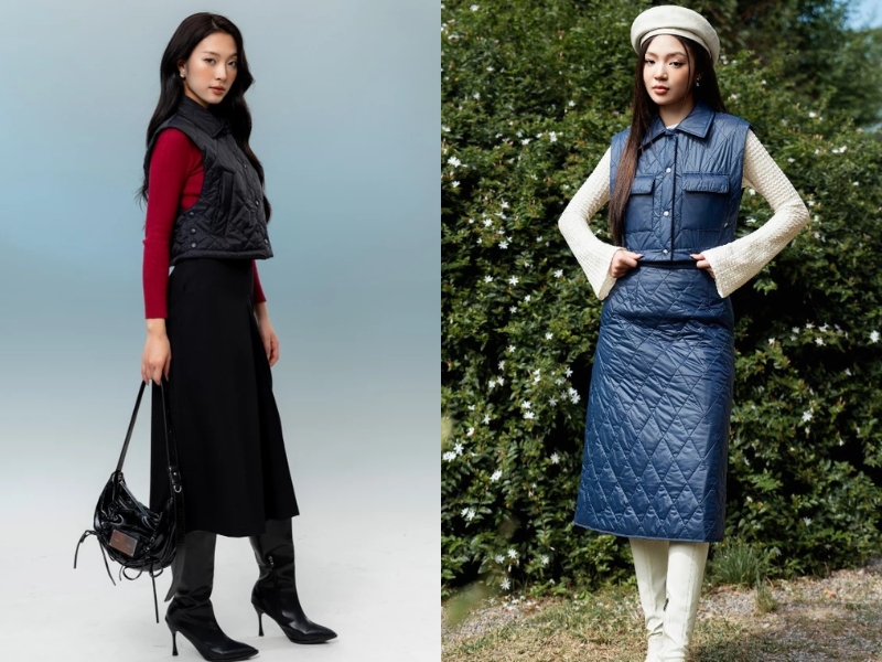 Mix áo phao gile nữ với chân váy midi dịu dàng