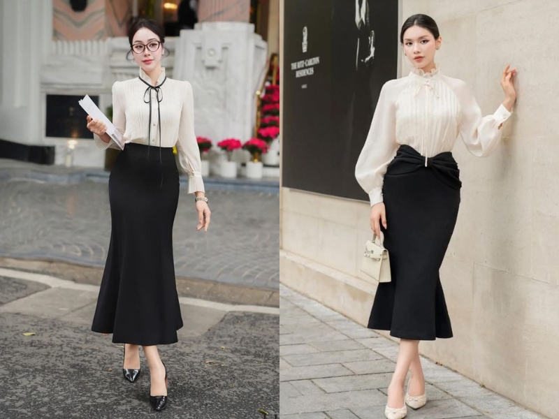 Chân váy đen đuôi cá phối cùng áo blouse
