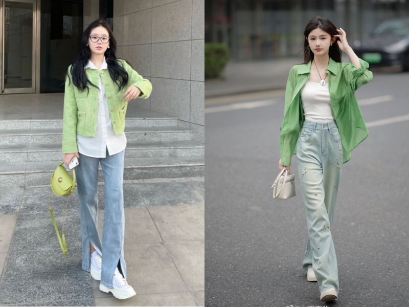 Áo màu xanh lá phối quần jeans xanh 