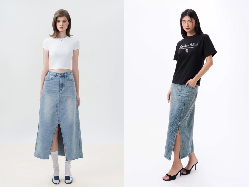 Phối đồ với chân váy jean dài cùng áo croptop 