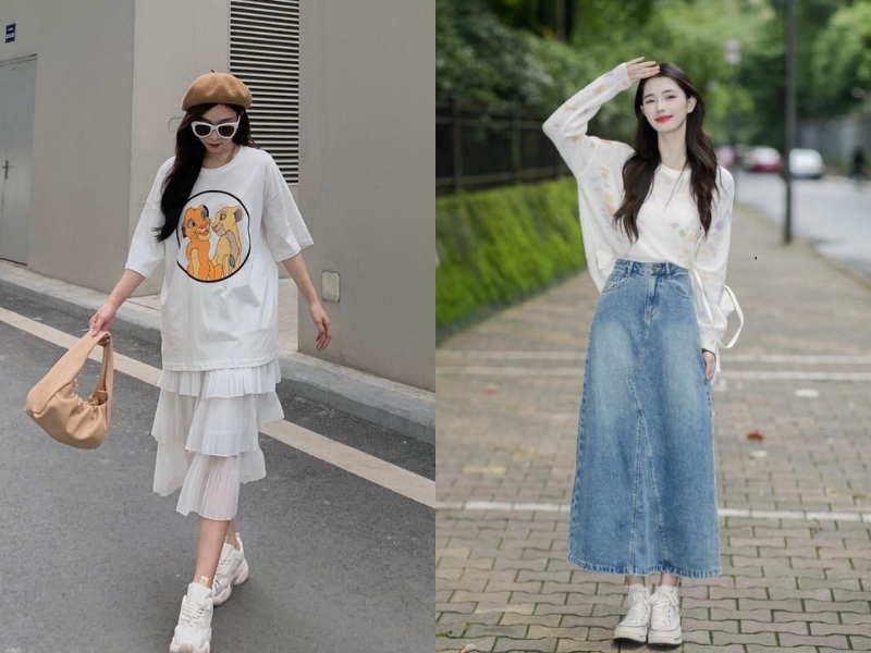 Chân váy dài mix sneaker trắng