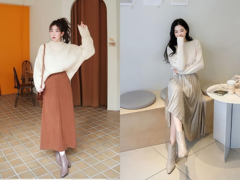 Chân váy midi phối đồ với boot