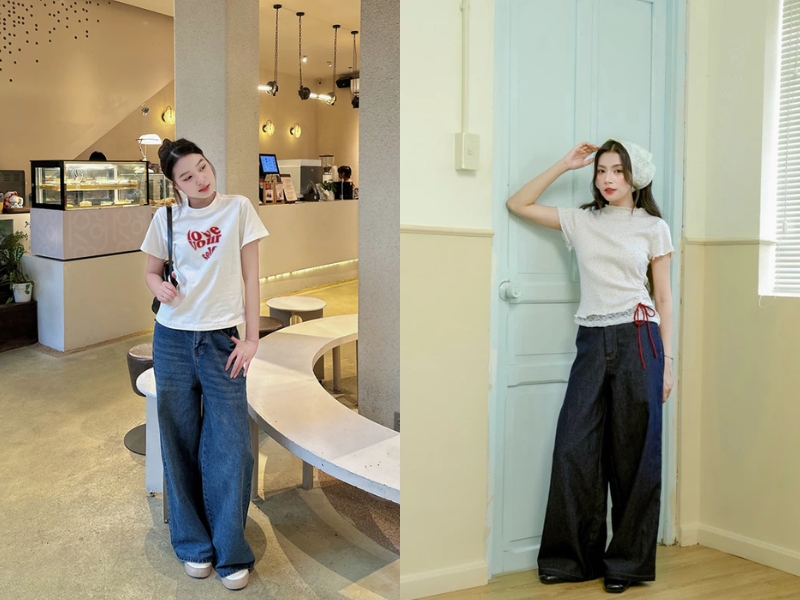 outfit phối đồ basic nữ với áo thun trắng và quần jean