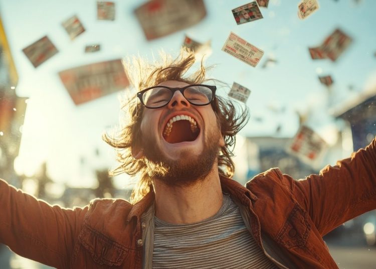 người đàn ông vui vì trúng số