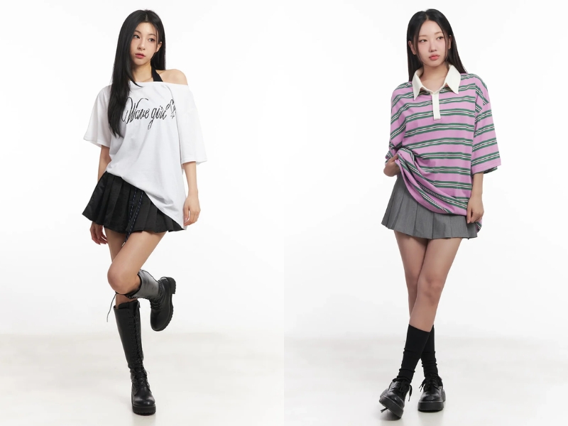 phối chân váy xếp ly với áo thun