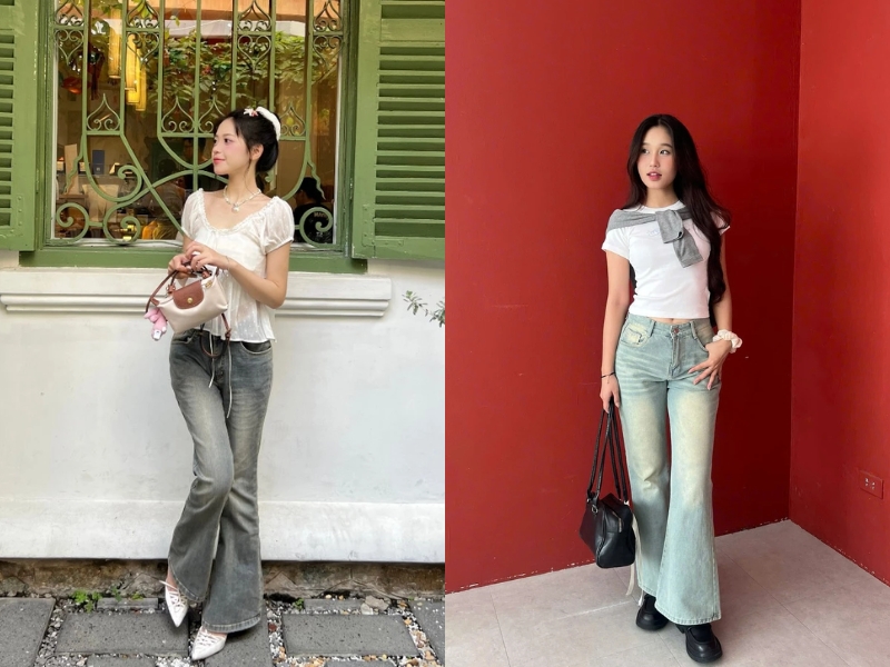 Phối với áo kiểu và quần ống loe