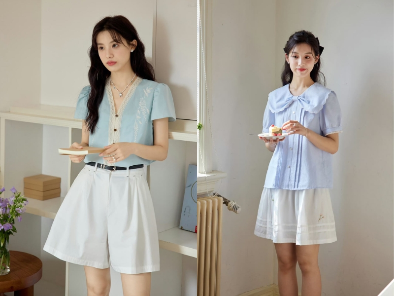 phối áo xanh dương nhạt với quần trắng hoặc chân váy trắng