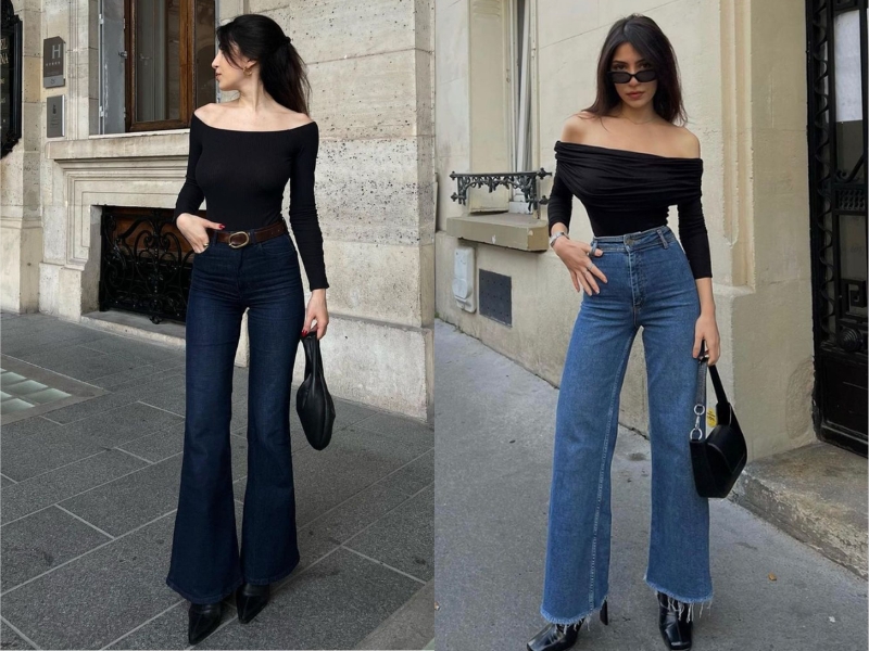 Phối đồ đẹp cho nữ đi chơi với quần jean ống loe cùng áo thun đen trễ vai
