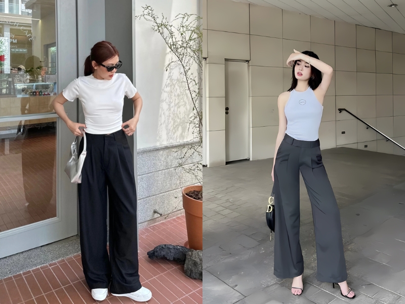 Phối đồ quần tây ống rộng với áo thun ôm