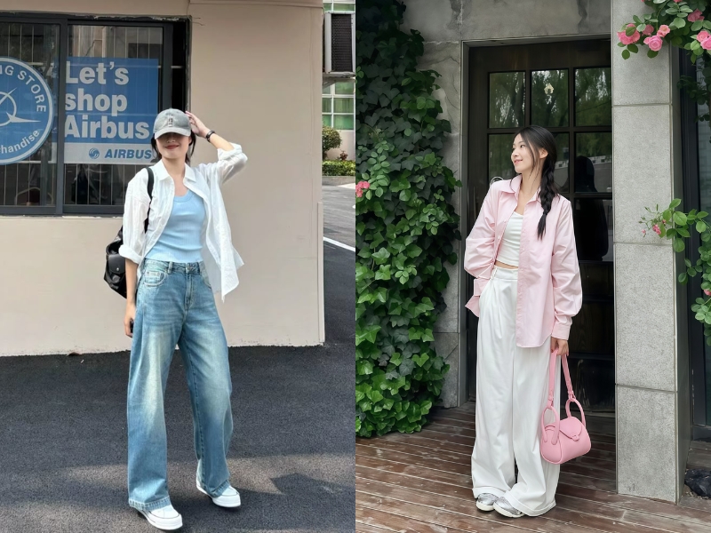 Phối đồ với áo ba lỗ nữ cùng áo sơ mi tay dài khoác ngoài