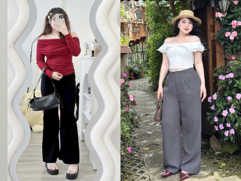 phối đồ với quần ống rộng cho người béo kết hợp áo trễ vai