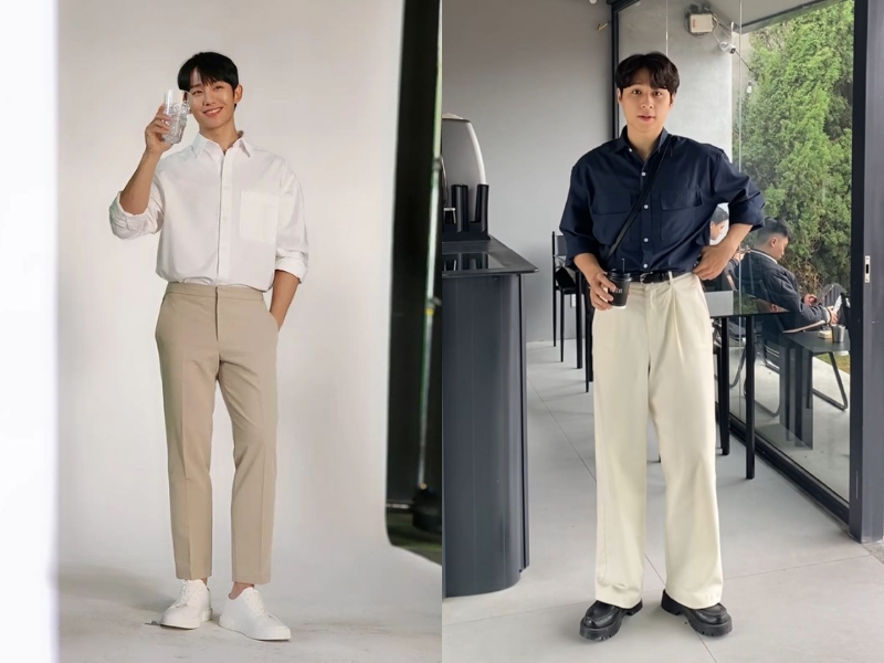 phối áo sơ mi và quần kaki 