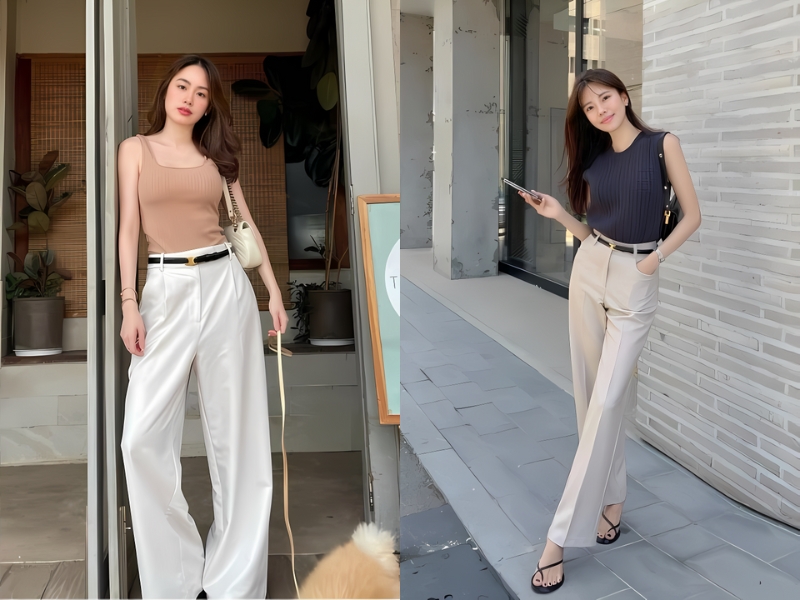 outfit phối đồ với áo sát nách nữ và quần ống rộng cạp cao