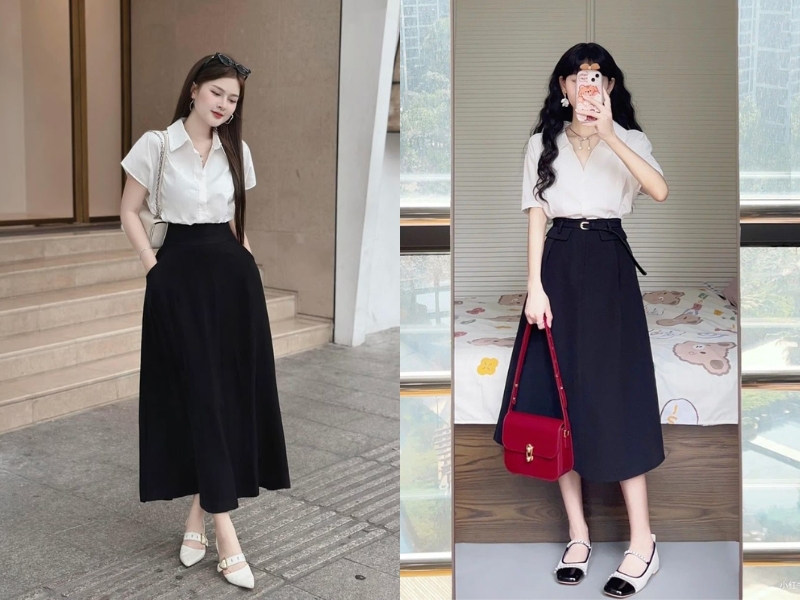 phối áo sơ mi với chân váy chữ A dáng dài