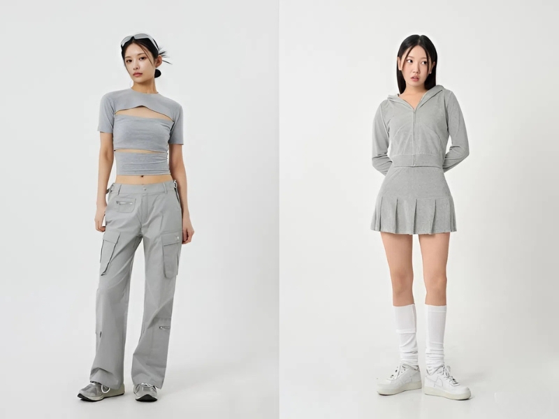 Phối đồ với áo xám nữ và quần hoặc chân váy cùng màu xám