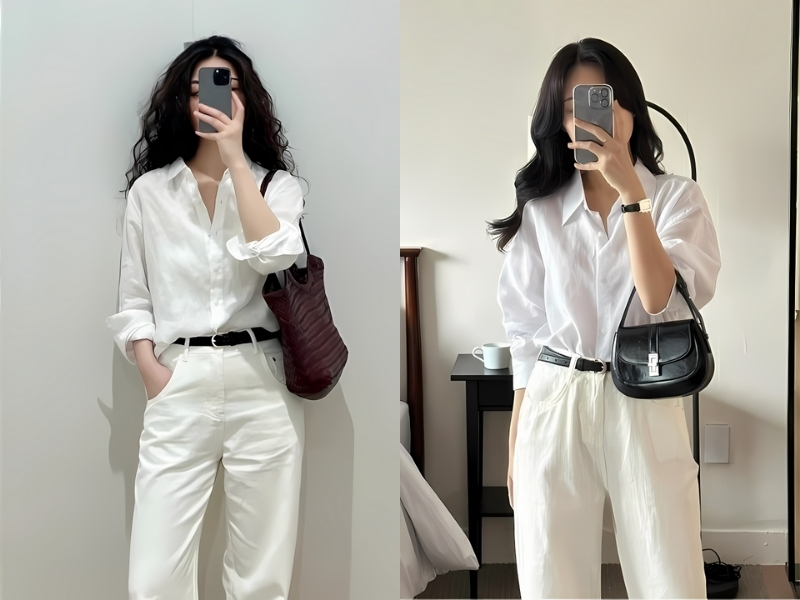 Cách phối quần jean trắng nữ với áo sơ mi trắng