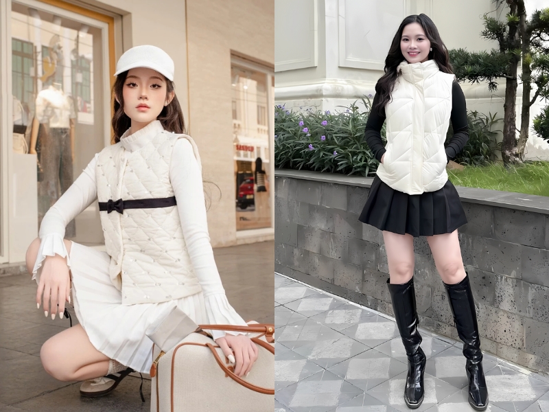 Phối áo phao gile nữ cùng áo dài tay và chân váy ngắn