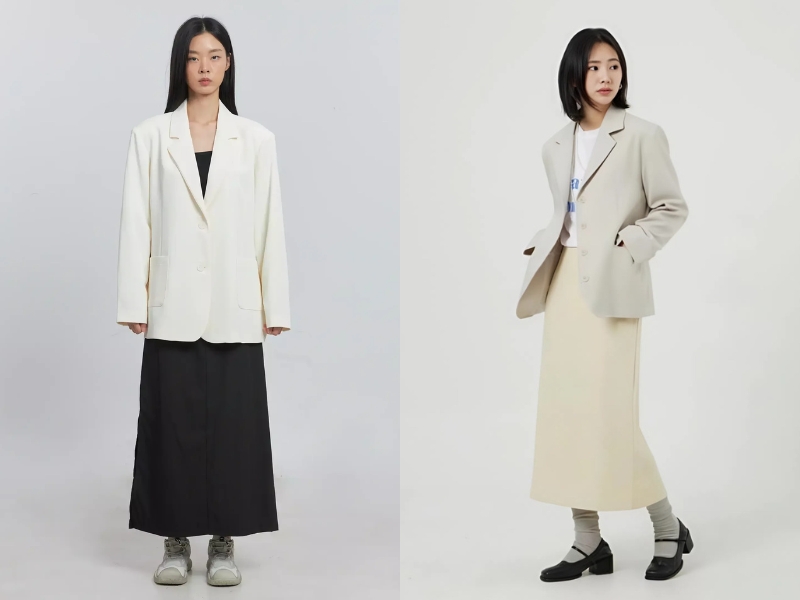 phối đồ với chân váy dài chữ A cùng áo blazer