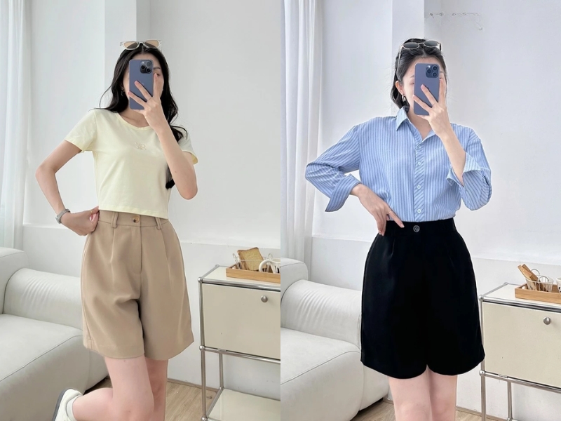 Combo quần short cạp cao và áo thun, áo sơ mi